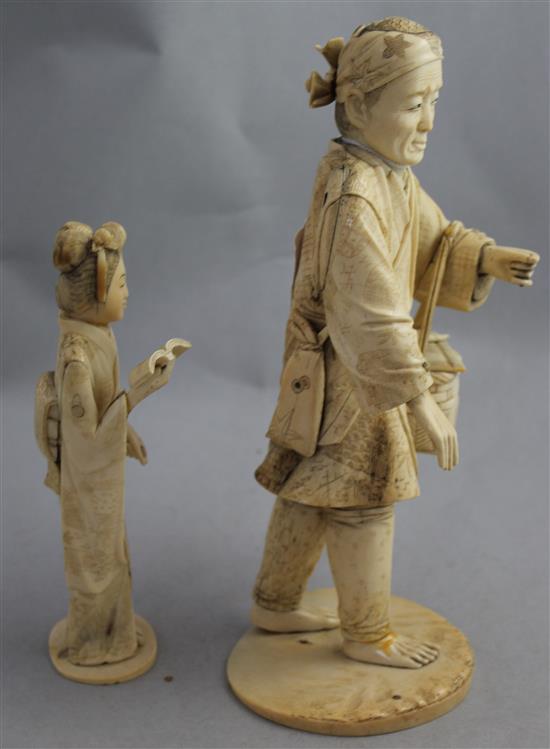 Three Japanese bone and ivory sectional figures, early 20th century, 24.5cm - 17.5cm, losses